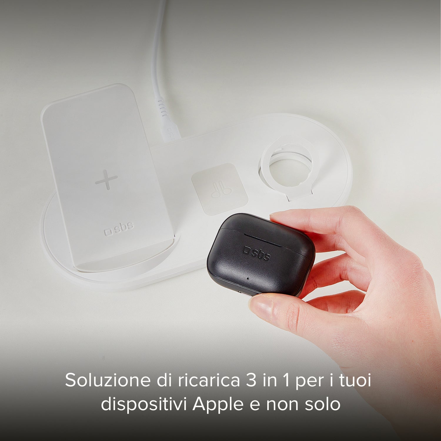 Caricatore QI Wireless 3 in 1, supporto per smartphone, auricolari, Apple Watch