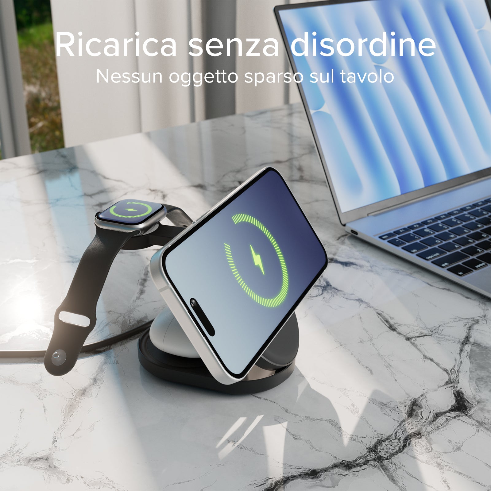 Kabellose 3-in-1-Ladestation Qi2 25 W zum Aufladen von iPhone, Apple Watch und Kopfhörern