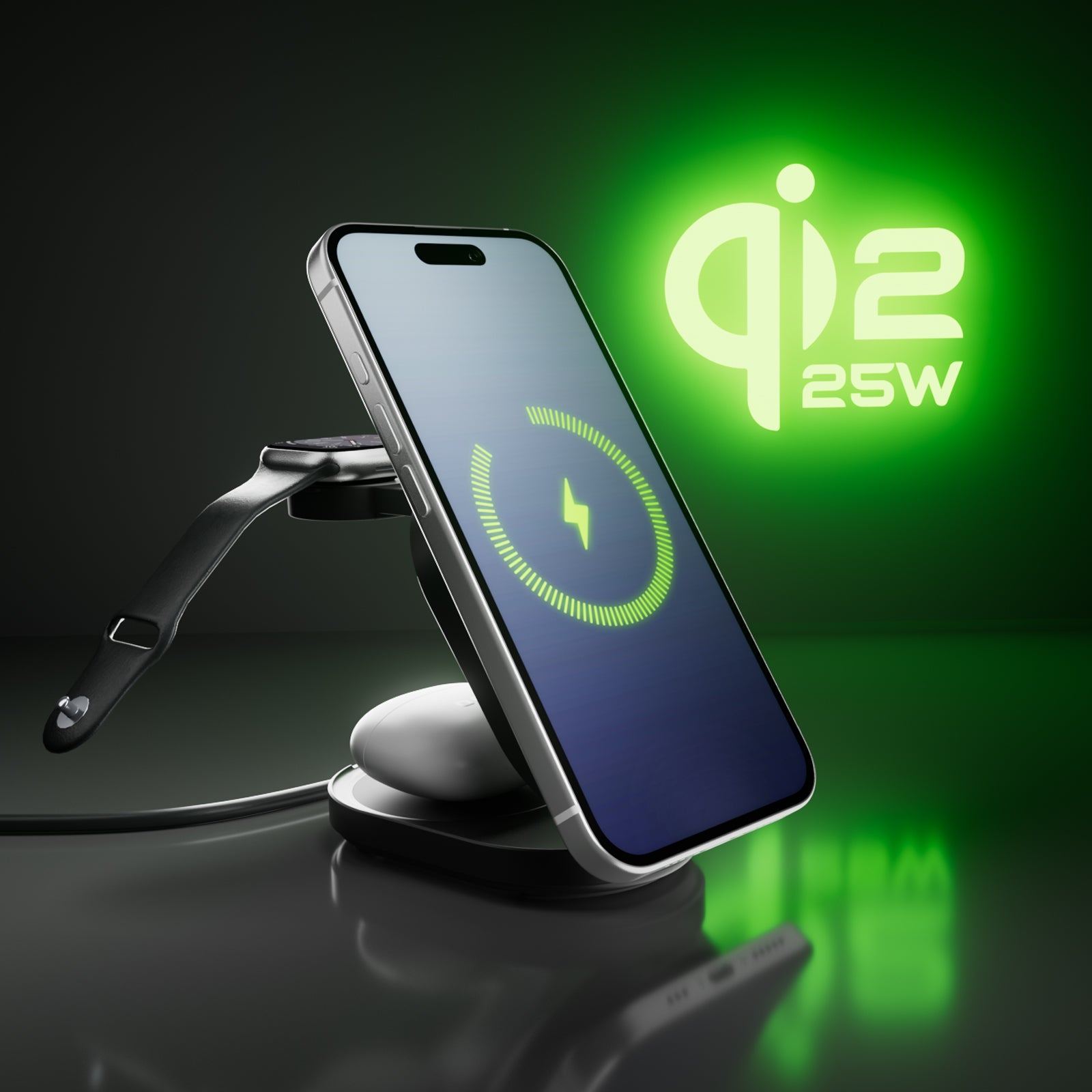 Kabellose 3-in-1-Ladestation Qi2 25 W zum Aufladen von iPhone, Apple Watch und Kopfhörern