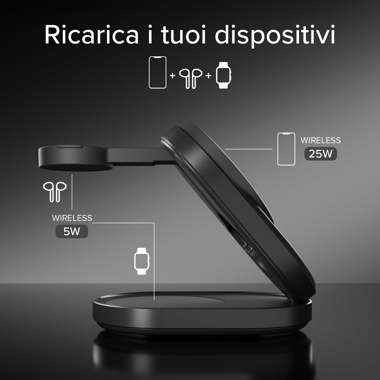 Kabellose 3-in-1-Ladestation Qi2 25 W zum Aufladen von iPhone, Apple Watch und Kopfhörern