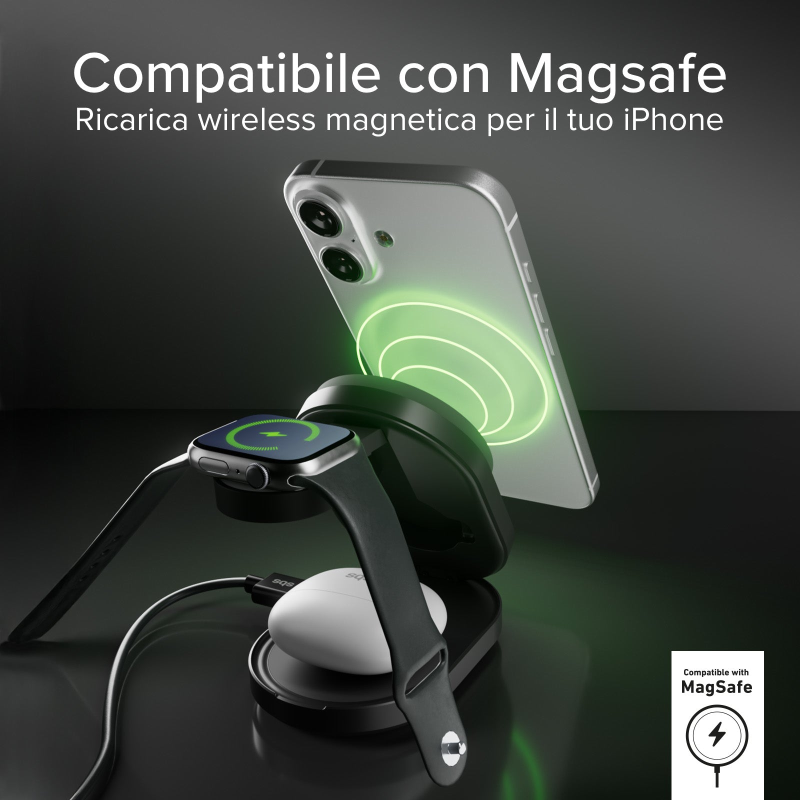 Kabellose 3-in-1-Ladestation Qi2 25 W zum Aufladen von iPhone, Apple Watch und Kopfhörern