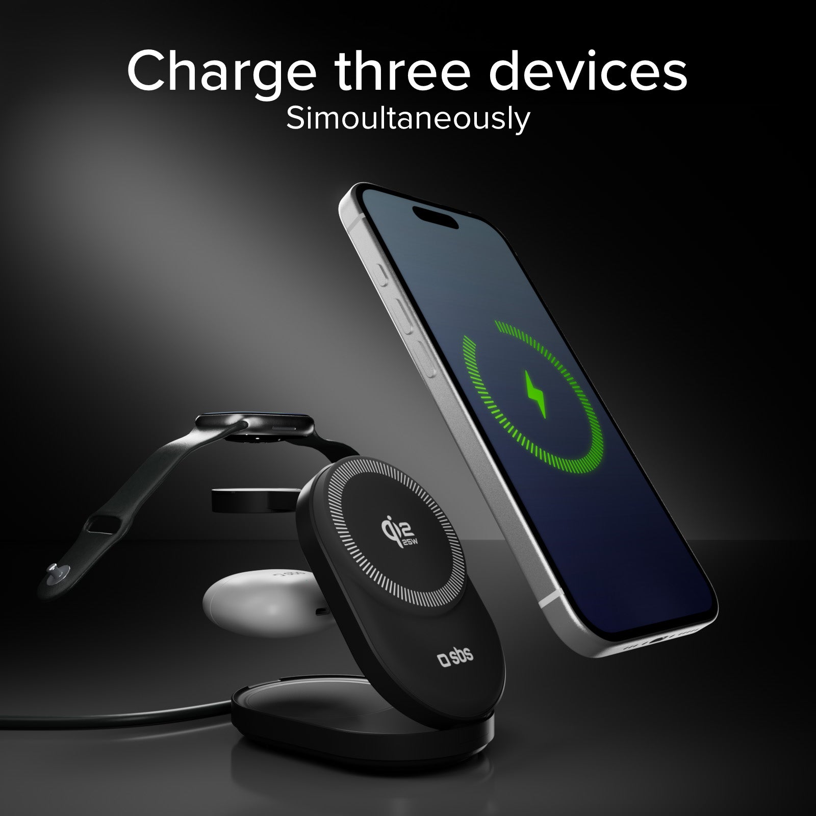 Kabellose 3-in-1-Ladestation Qi2 25 W zum Aufladen von iPhone, Apple Watch und Kopfhörern