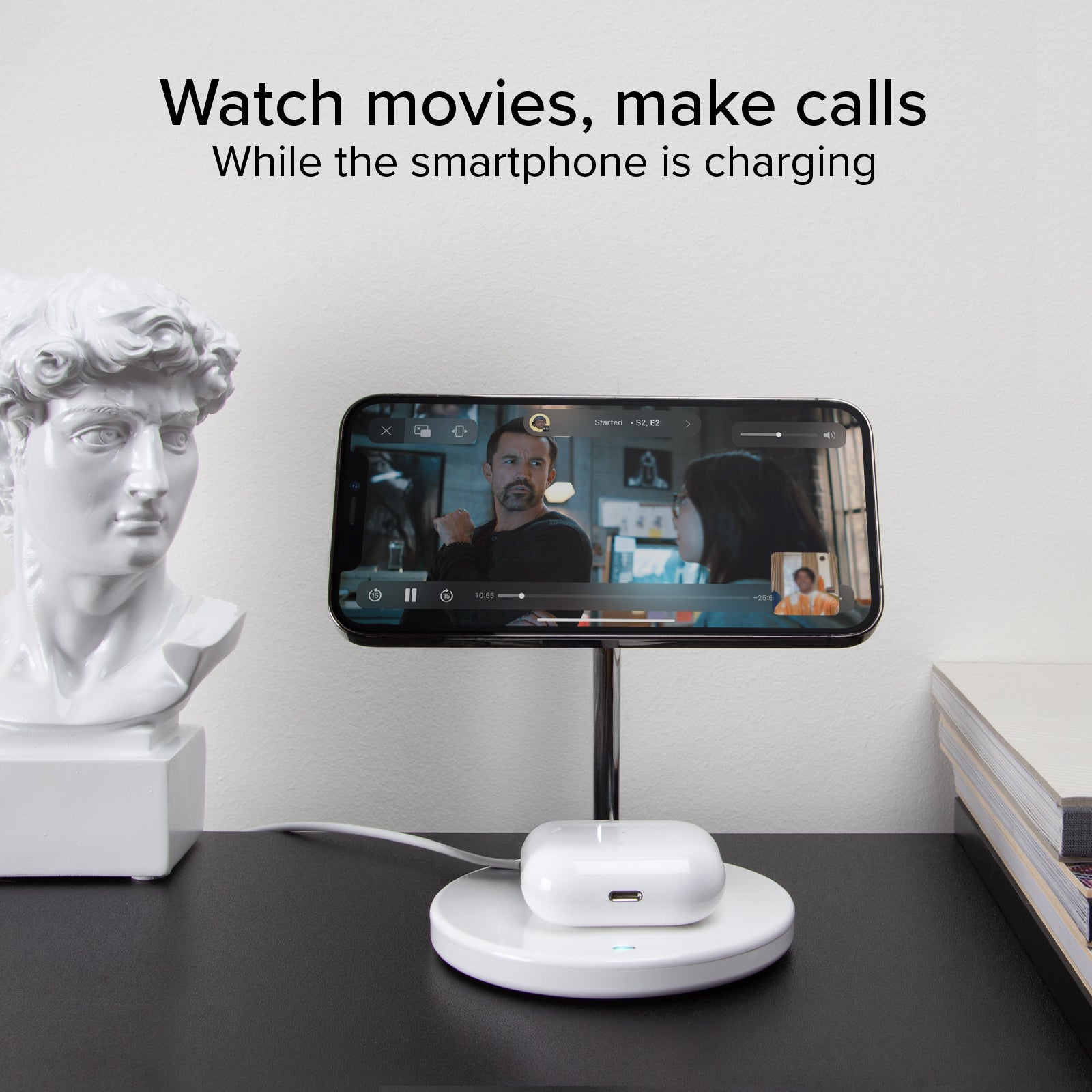 Stazione ricarica wireless 2 in 1 per iPhone, Android, AirPods, auricolari TWS