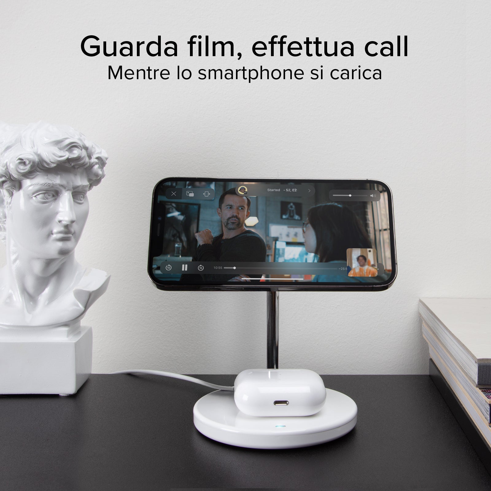 Stazione ricarica wireless 2 in 1 per iPhone, Android, AirPods, auricolari TWS