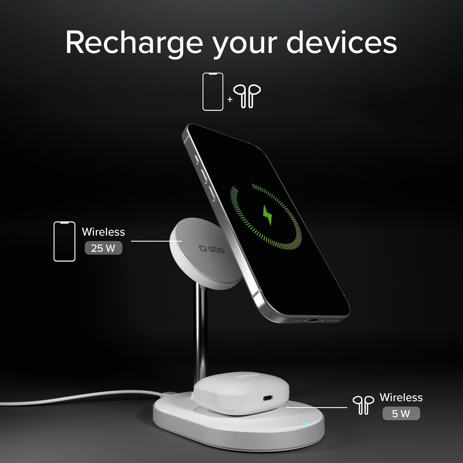 Kit de estación de carga inalámbrica vertical Qi2.2 de 35W con cargador USB-C Power Delivery y cable de 1,5 m
