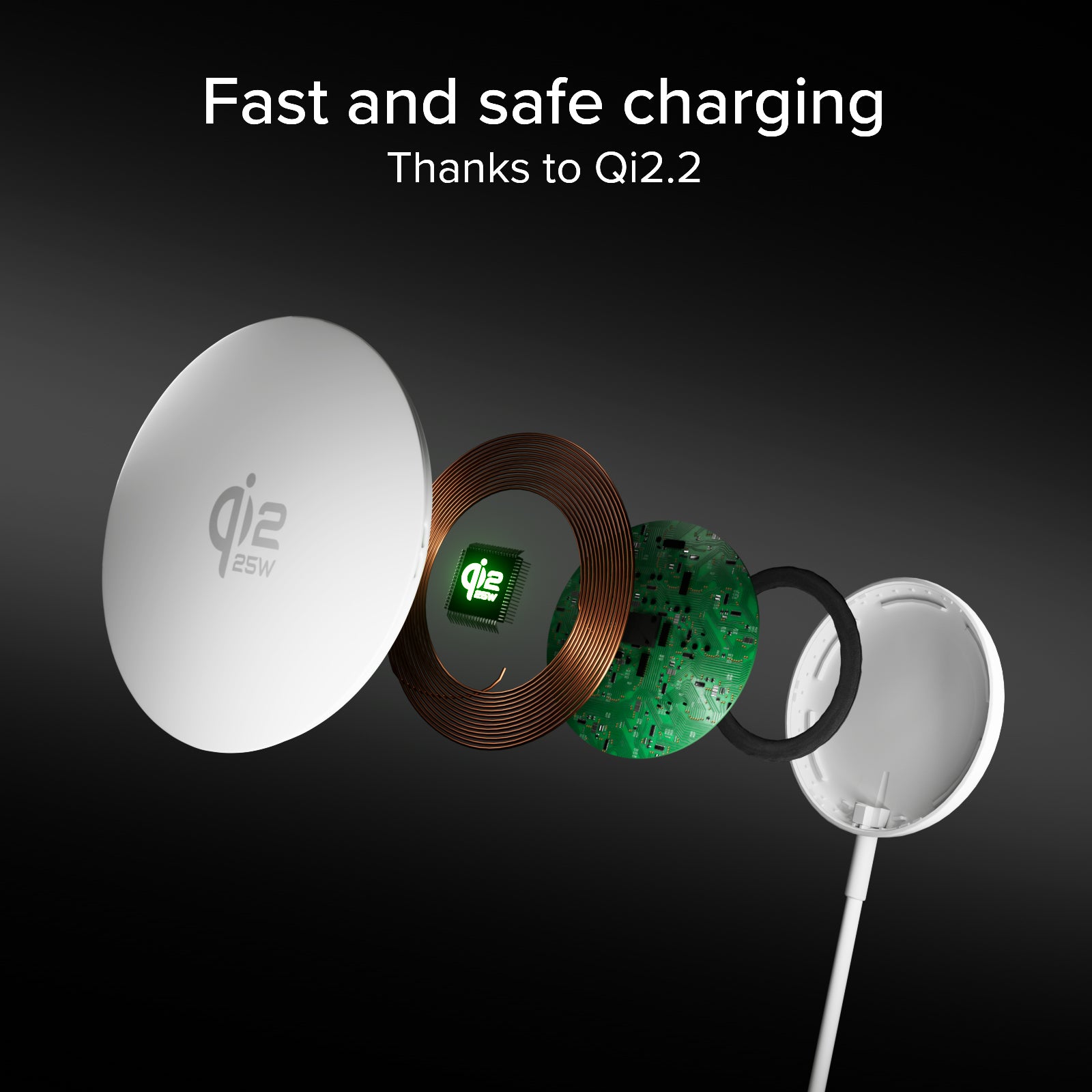 Chargeur sans fil magnétique Qi2.2 25W avec câble USB-C intégré de 150 cm