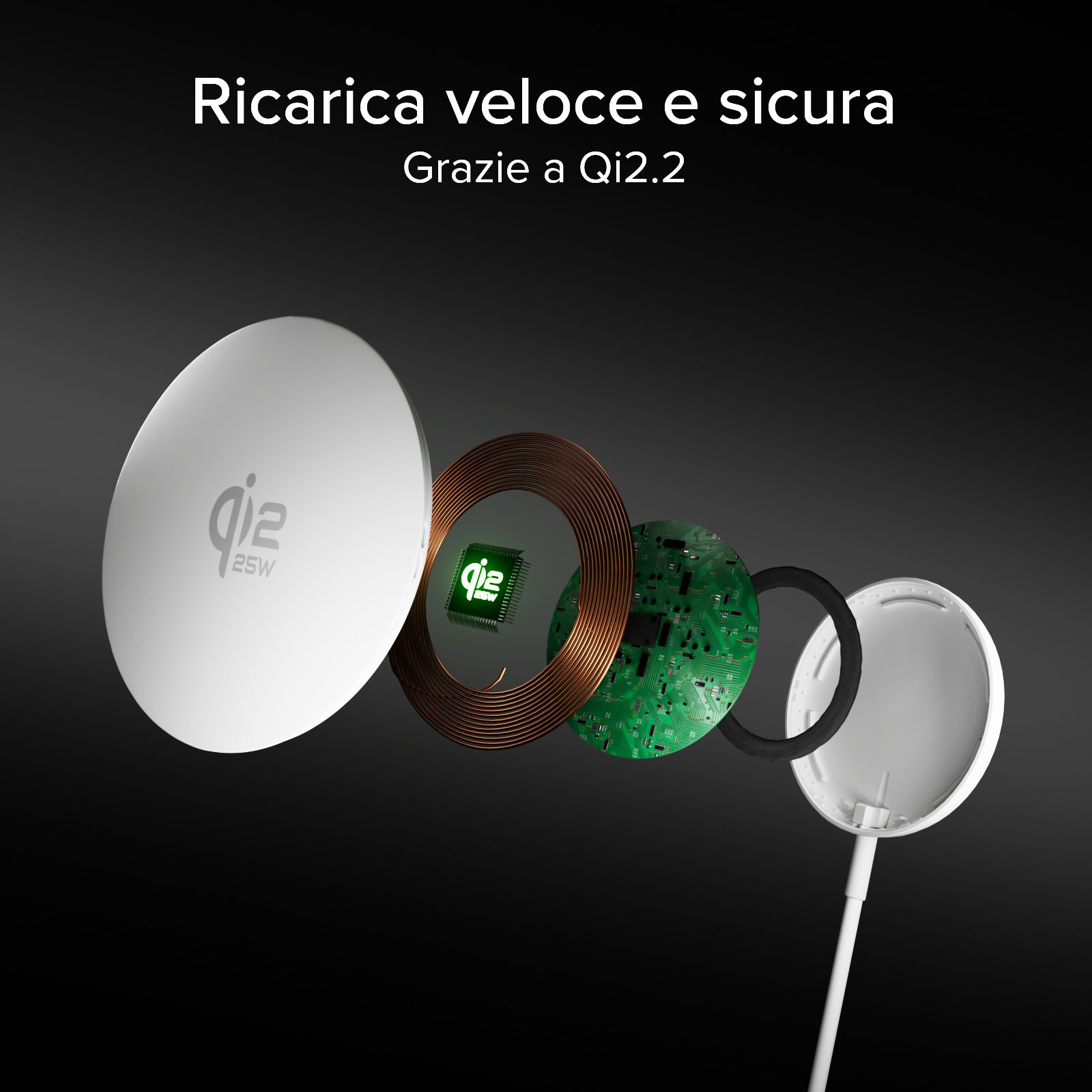 Chargeur sans fil magnétique Qi2.2 25W avec câble USB-C intégré de 150 cm