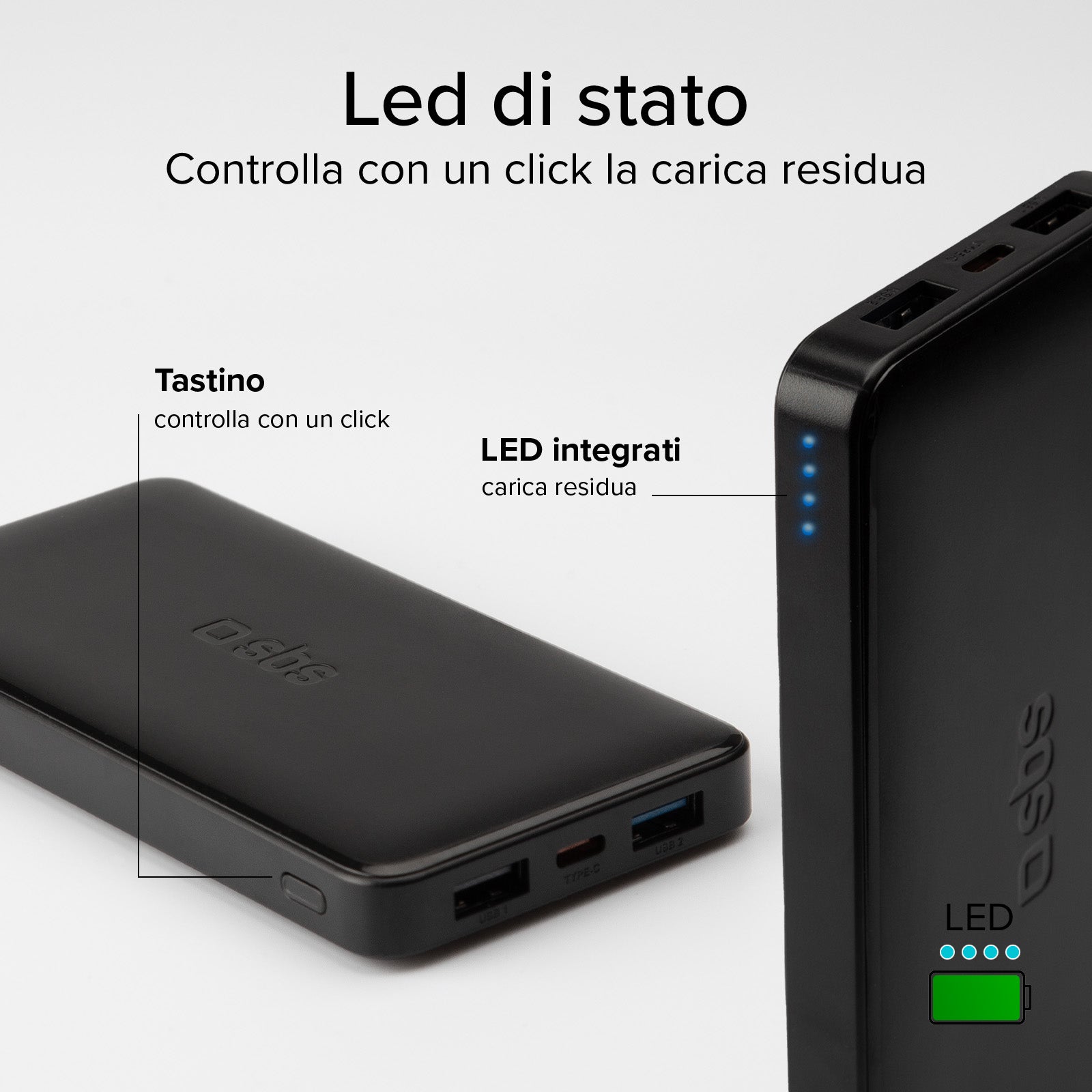 Power bank 10.000 mAh extra slim con porta USB 2.1A Intelligent Charge (IC)