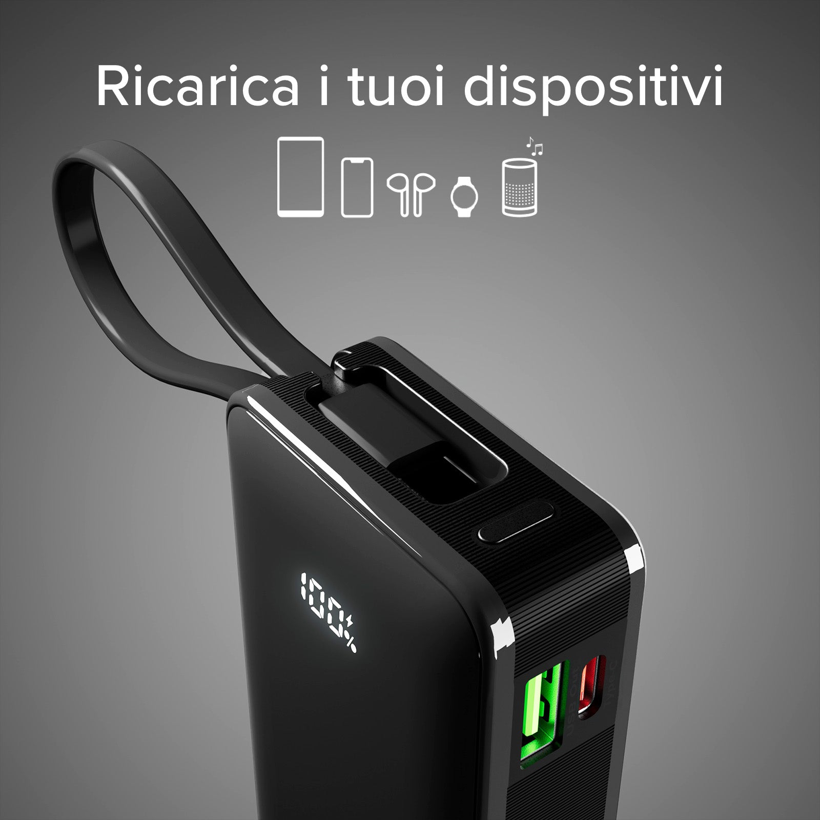 Power bank 10.000 mAh con cable USB-C integrado