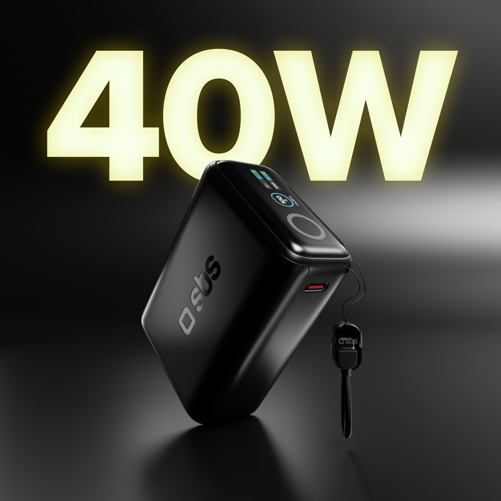 10000 mAh 40 W power bank with Power Delivery and AVS, with included USB-C cable and TFT display