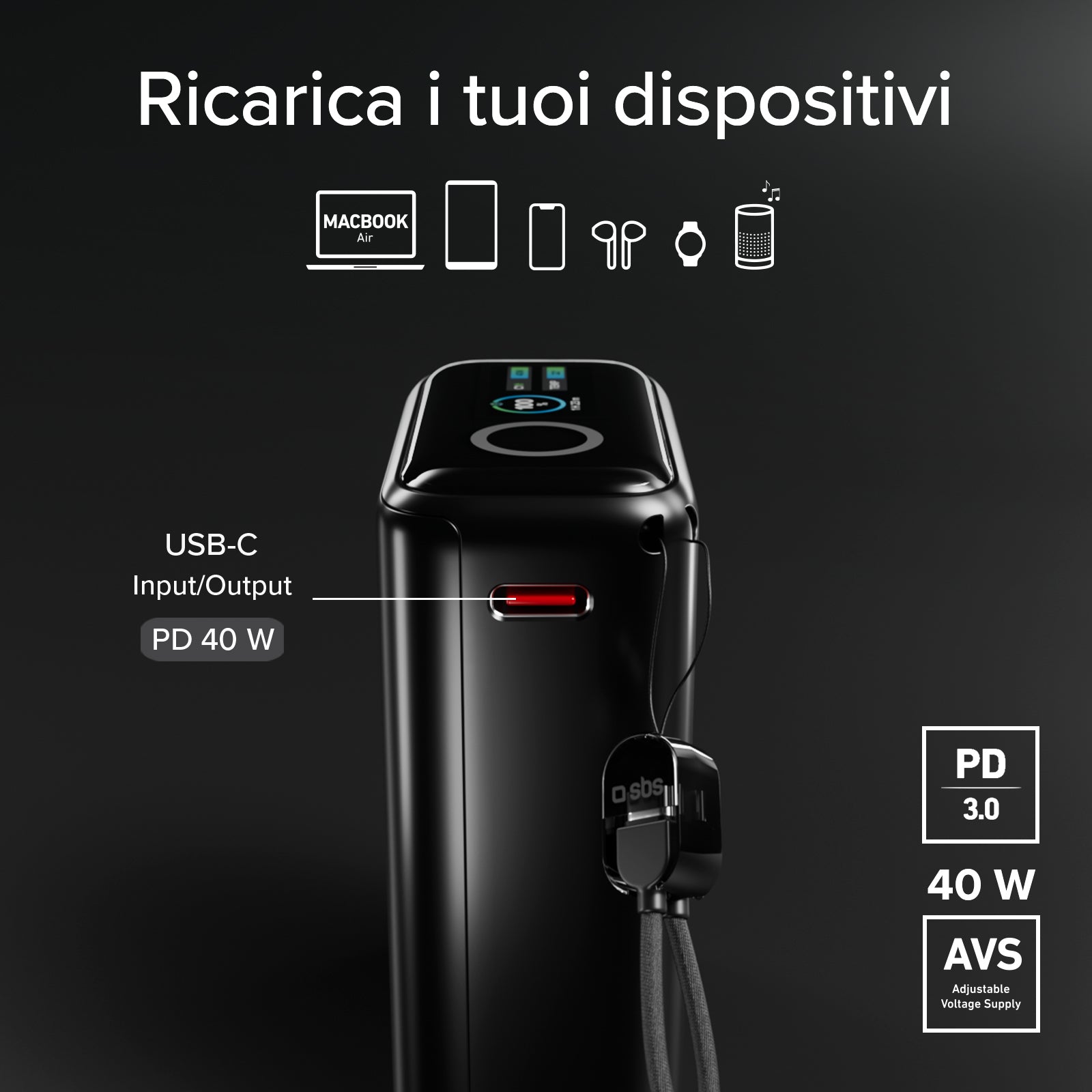 Power bank 10000 mAh 40W PD con display TFT