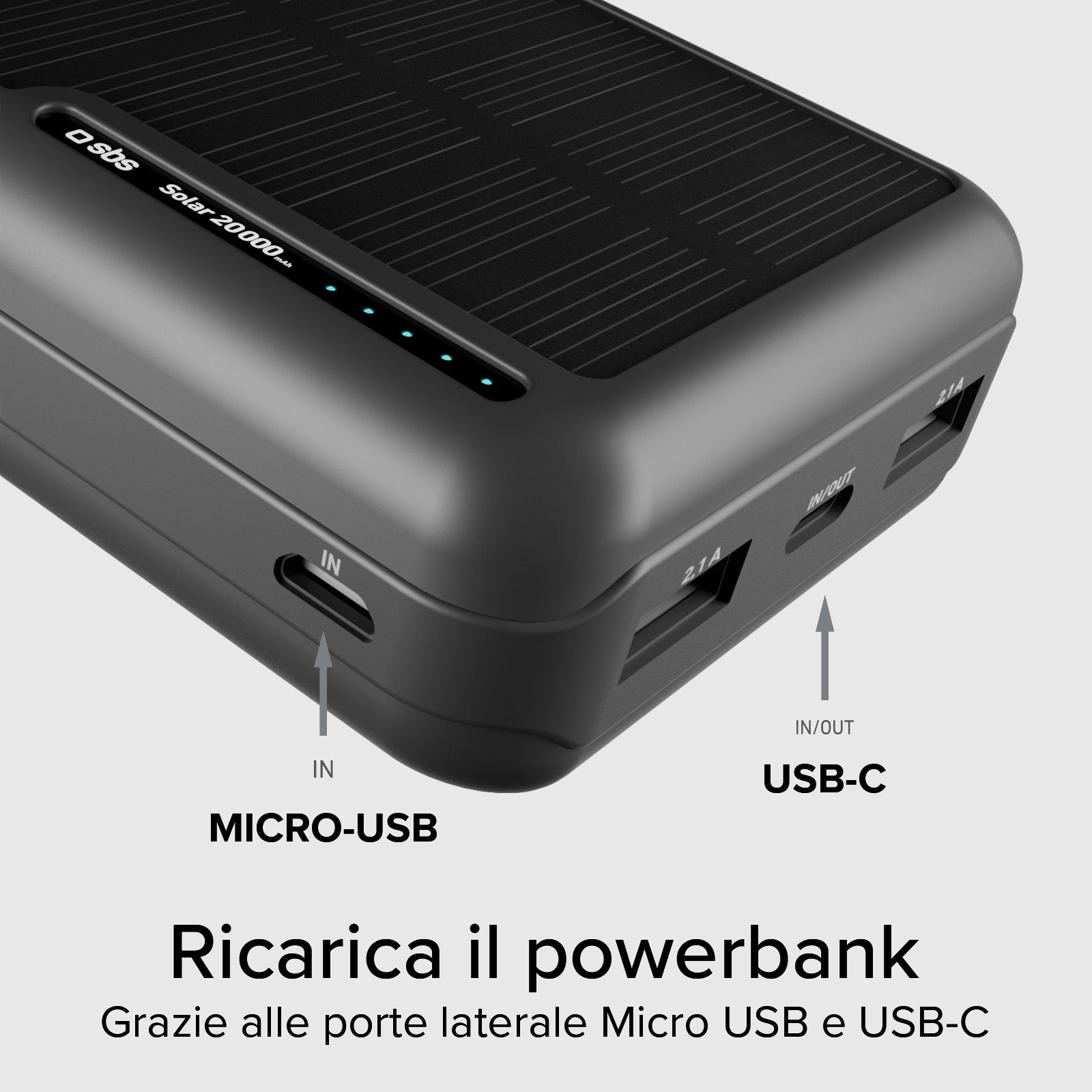 Power bank 20.000 mAh con pannello solare