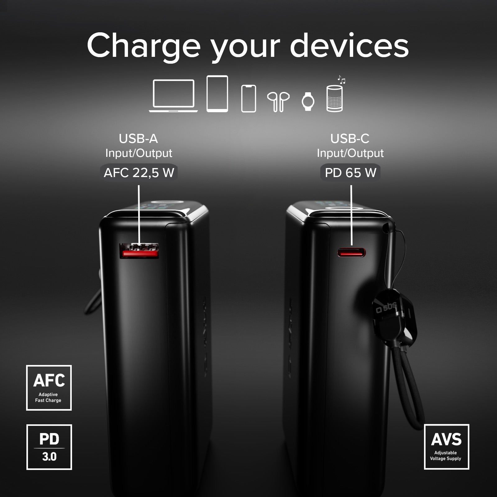 Power Bank 20000mAh avec câble intégré et écran TFT