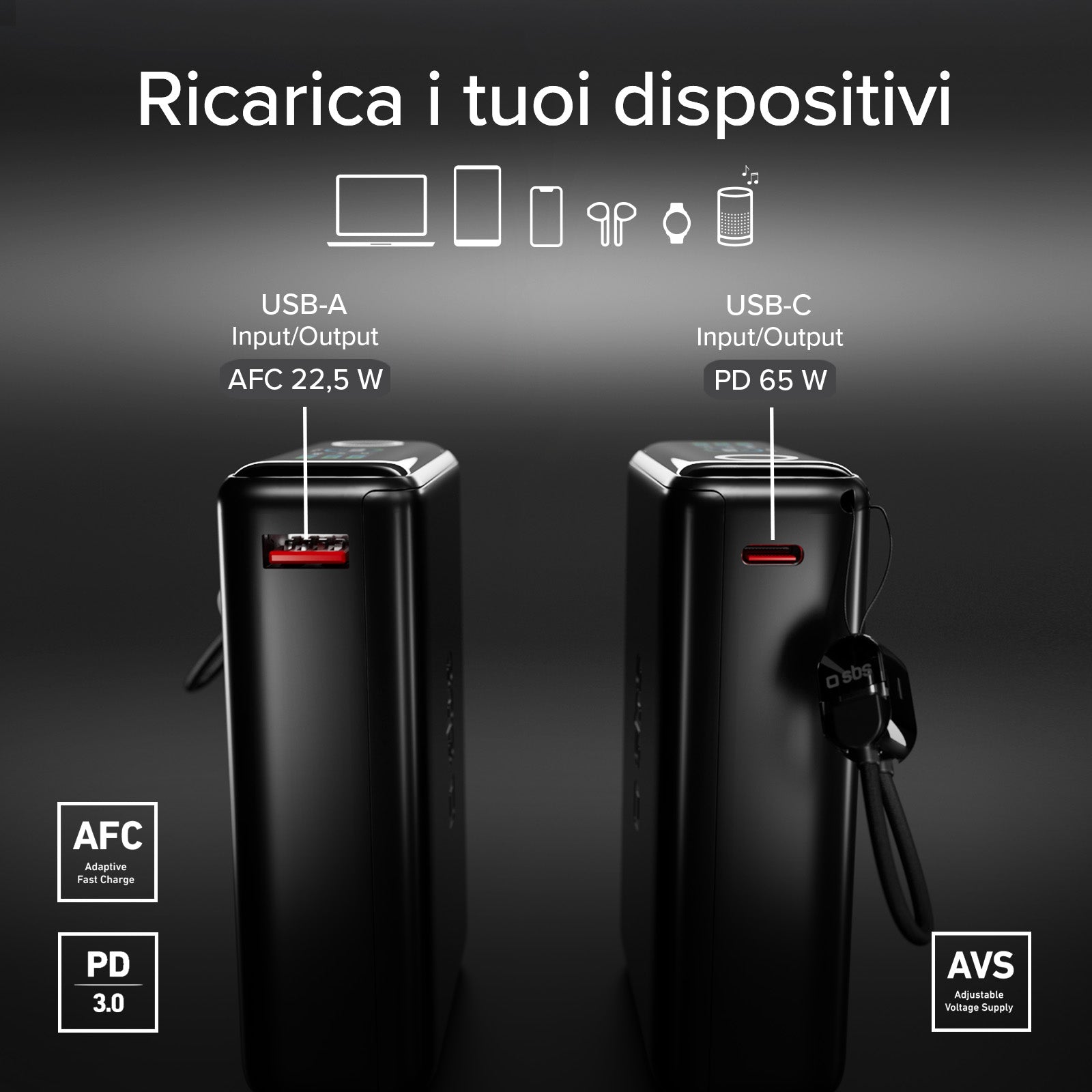 Power Bank 20000mAh avec câble intégré et écran TFT